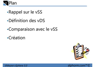 Plan
•Rappel sur le vSS
•Définition des vDS•Définition des vDS
•Comparaison avec le vSS
•Création
VMware vSphere 5.0 alphorm.com™©
 