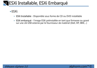 ESXi Installable, ESXi Embarqué
ESXi:
ESXi Installable - Disponible sous forme de CD ou DVD installable
ESXi embarqué - l'image ESXi préinstallée en tant que firmware ou gravé
sur une clé USB externe par le fournisseur de matériel (Dell, HP, IBM,…)sur une clé USB externe par le fournisseur de matériel (Dell, HP, IBM,…)
VMware vSphere 5.0 alphorm.com™©
 