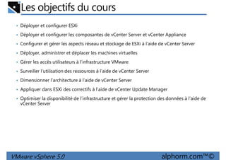 Les objectifs du cours
• Déployer et configurer ESXi
• Déployer et configurer les composantes de vCenter Server et vCenter Appliance
• Configurer et gérer les aspects réseau et stockage de ESXi à l’aide de vCenter Server
• Déployer, administrer et déplacer les machines virtuelles• Déployer, administrer et déplacer les machines virtuelles
• Gérer les accès utilisateurs à l’infrastructure VMware
• Surveiller l’utilisation des ressources à l’aide de vCenter Server
• Dimensionner l’architecture à l’aide de vCenter Server
• Appliquer dans ESXi des correctifs à l’aide de vCenter Update Manager
• Optimiser la disponibilité de l’infrastructure et gérer la protection des données à l’aide de
vCenter Server
VMware vSphere 5.0 alphorm.com™©
 