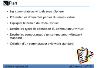 Plan
• Les commutateurs virtuels sous vSphere
• Présenter les différentes parties du réseau virtuel
• Expliquer le besoin du réseau virtuel• Expliquer le besoin du réseau virtuel
• Décrire les types de connexion du commutateur virtuel
• Décrire les composantes d’un commutateur vNetwork
standard
• Création d’un commutateur vNetwork standard
VMware vSphere 5.0 alphorm.com™©
• Création d’un commutateur vNetwork standard
 