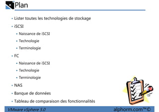 Plan
• Lister toutes les technologies de stockage
• iSCSI
Naissance de iSCSI
Technologie
Terminologie
• FC
Naissance de iSCSI
Technologie
VMware vSphere 5.0 alphorm.com™©
Terminologie
• NAS
• Banque de données
• Tableau de comparaison des fonctionnalités
 