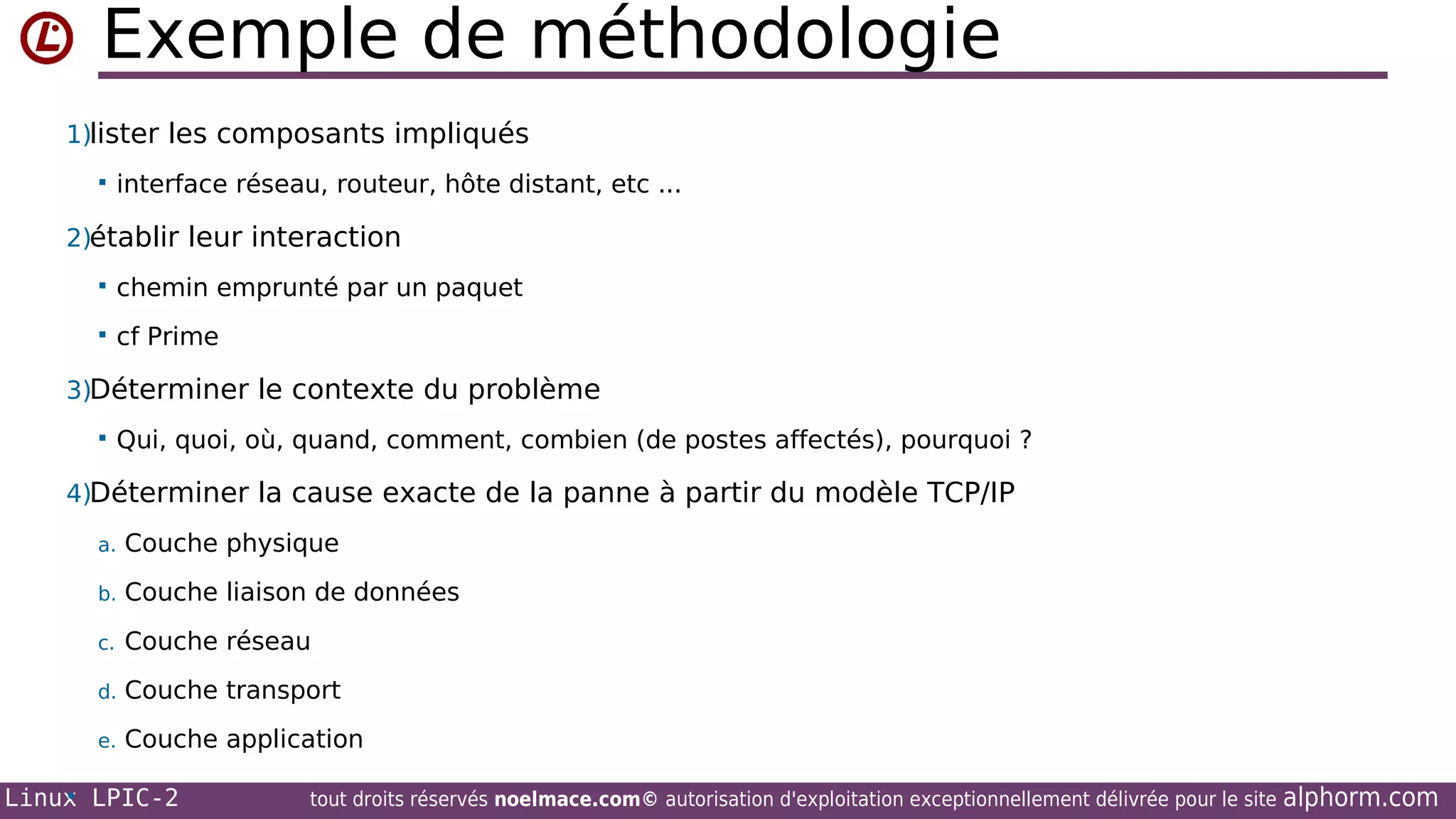 Exemple de méthodologie
1)lister les composants impliqués


interface réseau, routeur, hôte distant, etc ...

2)établir leur interaction


chemin emprunté par un paquet



cf Prime

3)Déterminer le contexte du problème


Qui, quoi, où, quand, comment, combien (de postes affectés), pourquoi ?

4)Déterminer la cause exacte de la panne à partir du modèle TCP/IP
a.

Couche physique

b.

Couche liaison de données

c.

Couche réseau

d.

Couche transport

e.

Couche application

•
Linux LPIC-2

tout droits réservés noelmace.com© autorisation d'exploitation exceptionnellement délivrée pour le site

alphorm.com

 