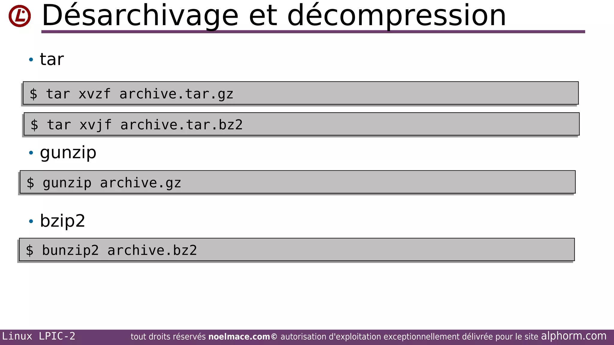 Désarchivage et décompression
• tar
$ tar xvzf archive.tar.gz
$ tar xvzf archive.tar.gz
$ tar xvjf archive.tar.bz2
$ tar xvjf archive.tar.bz2

• gunzip
$ gunzip archive.gz
$ gunzip archive.gz

• bzip2
$ bunzip2 archive.bz2
$ bunzip2 archive.bz2

Linux LPIC-2

tout droits réservés noelmace.com© autorisation d'exploitation exceptionnellement délivrée pour le site

alphorm.com

 