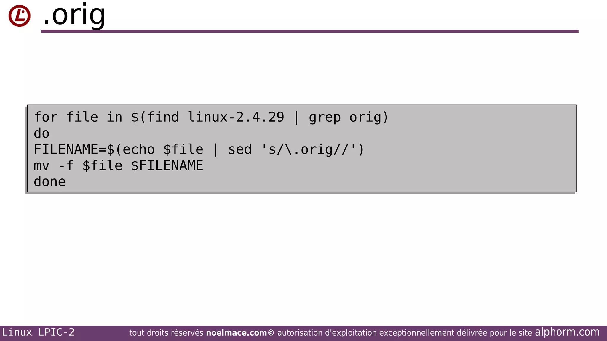 .orig

for file in $(find linux-2.4.29 | grep orig)
for file in $(find linux-2.4.29 | grep orig)
do
do
FILENAME=$(echo $file | sed 's/.orig//')
FILENAME=$(echo $file | sed 's/.orig//')
mv -f $file $FILENAME
mv -f $file $FILENAME
done
done

Linux LPIC-2

tout droits réservés noelmace.com© autorisation d'exploitation exceptionnellement délivrée pour le site

alphorm.com

 