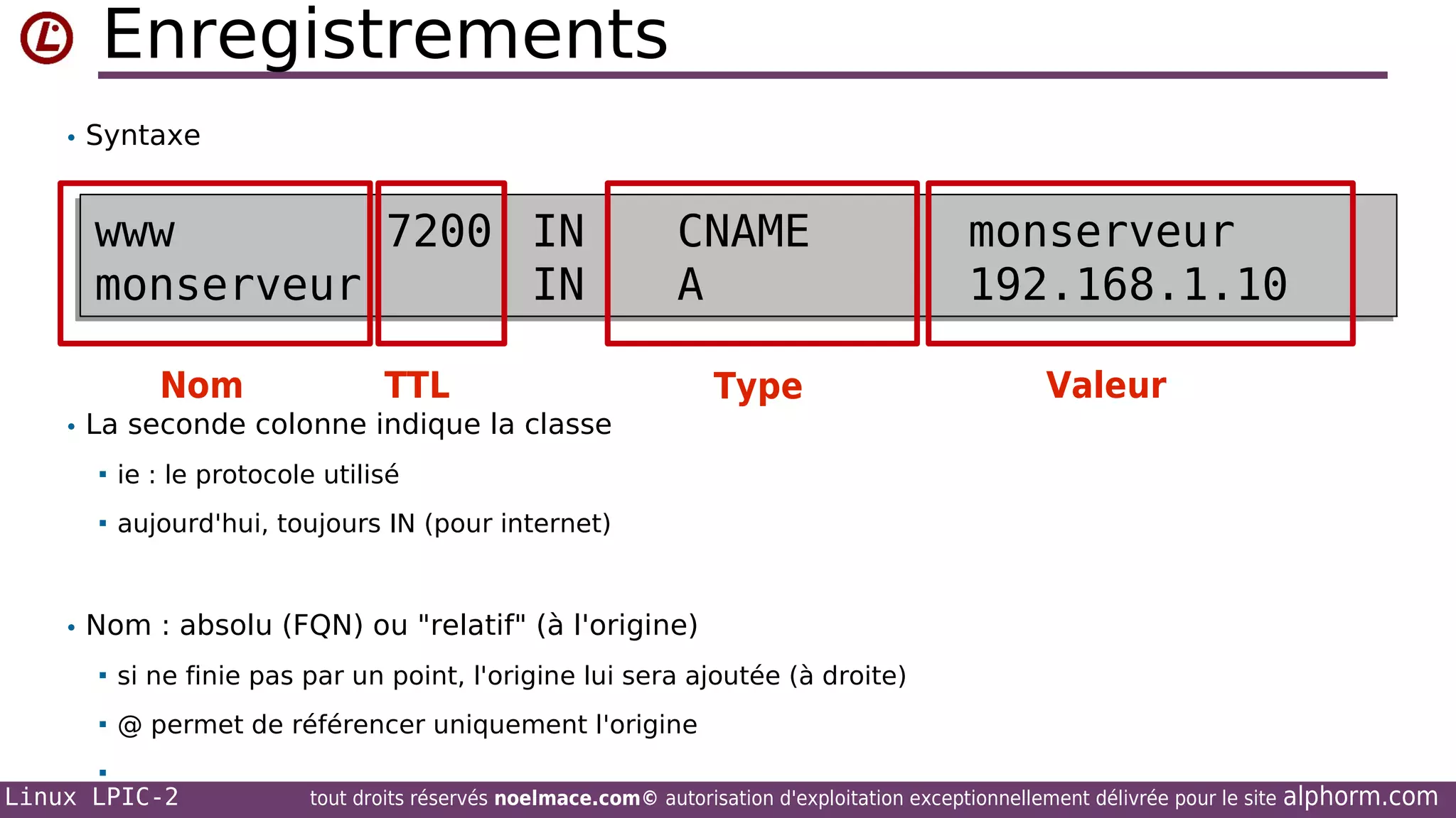 Enregistrements
• Syntaxe

www
7200
www
7200 IN
monserveur
monserveur
IN
Nom

CNAME
A

TTL

Type

monserveur
monserveur
192.168.1.10
192.168.1.10
Valeur

• La seconde colonne indique la classe


ie : le protocole utilisé



aujourd'hui, toujours IN (pour internet)

• Nom : absolu (FQN) ou "relatif" (à l'origine)


si ne finie pas par un point, l'origine lui sera ajoutée (à droite)



@ permet de référencer uniquement l'origine



Linux LPIC-2

tout droits réservés noelmace.com© autorisation d'exploitation exceptionnellement délivrée pour le site

alphorm.com

 