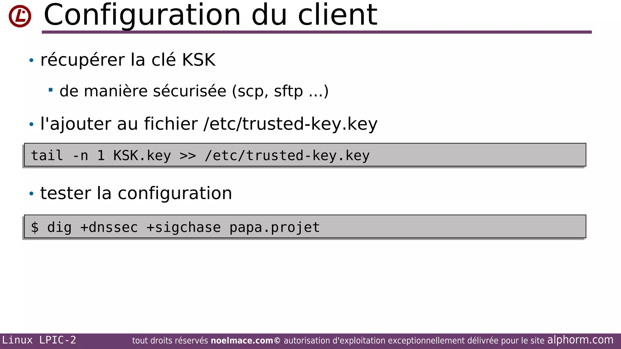Configuration du client
• récupérer la clé KSK


de manière sécurisée (scp, sftp ...)

• l'ajouter au fichier /etc/trusted-key.key
tail -n 1 KSK.key >> /etc/trusted-key.key
tail -n 1 KSK.key >> /etc/trusted-key.key

• tester la configuration
$ dig +dnssec +sigchase papa.projet
$ dig +dnssec +sigchase papa.projet

Linux LPIC-2

tout droits réservés noelmace.com© autorisation d'exploitation exceptionnellement délivrée pour le site

alphorm.com

 