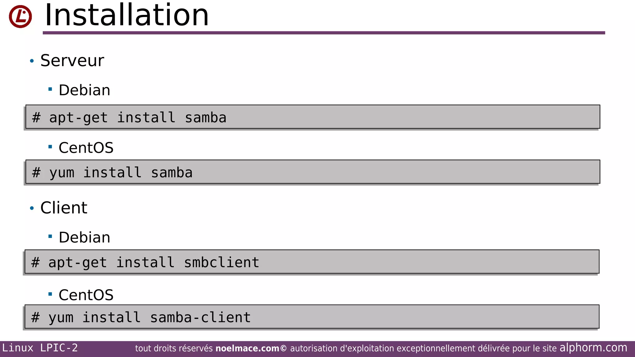 Installation
• Serveur


Debian

# apt-get install samba
# apt-get install samba


CentOS

# yum install samba
# yum install samba

• Client


Debian

# apt-get install smbclient
# apt-get install smbclient

CentOS
# yum install samba-client
# yum install samba-client


Linux LPIC-2

tout droits réservés noelmace.com© autorisation d'exploitation exceptionnellement délivrée pour le site

alphorm.com

 