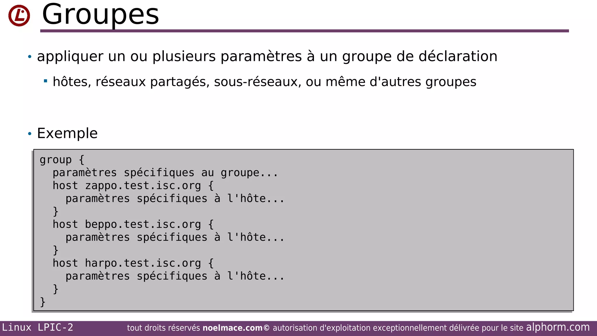Groupes
• appliquer un ou plusieurs paramètres à un groupe de déclaration


hôtes, réseaux partagés, sous-réseaux, ou même d'autres groupes

• Exemple
group {
group {
paramètres spécifiques au groupe...
paramètres spécifiques au groupe...
host zappo.test.isc.org {
host zappo.test.isc.org {
paramètres spécifiques à l'hôte...
paramètres spécifiques à l'hôte...
}
}
host beppo.test.isc.org {
host beppo.test.isc.org {
paramètres spécifiques à l'hôte...
paramètres spécifiques à l'hôte...
}
}
host harpo.test.isc.org {
host harpo.test.isc.org {
paramètres spécifiques à l'hôte...
paramètres spécifiques à l'hôte...
}
}
}
}
Linux LPIC-2

tout droits réservés noelmace.com© autorisation d'exploitation exceptionnellement délivrée pour le site

alphorm.com

 
