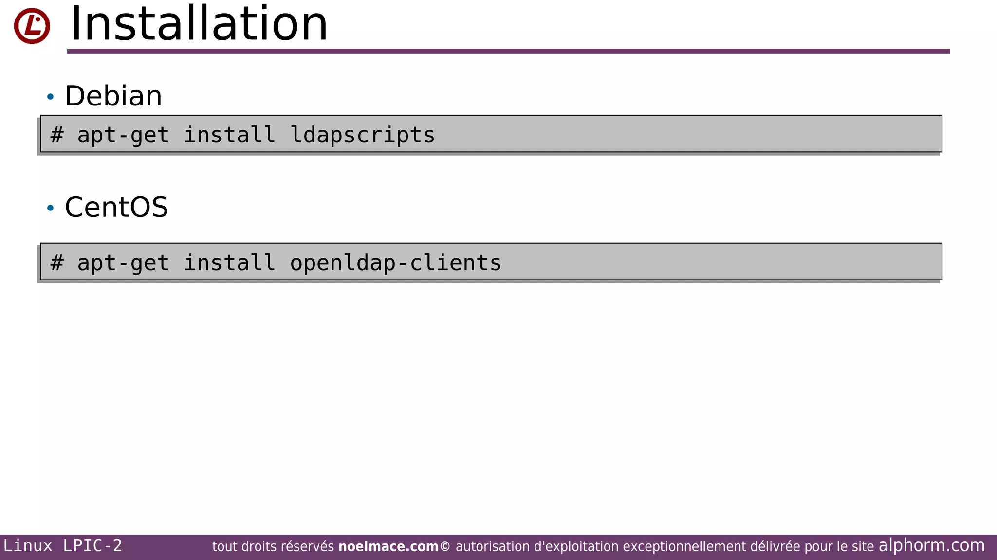 Installation
• Debian
# apt-get install ldapscripts
# apt-get install ldapscripts

• CentOS
# apt-get install openldap-clients
# apt-get install openldap-clients

Linux LPIC-2

tout droits réservés noelmace.com© autorisation d'exploitation exceptionnellement délivrée pour le site

alphorm.com

 