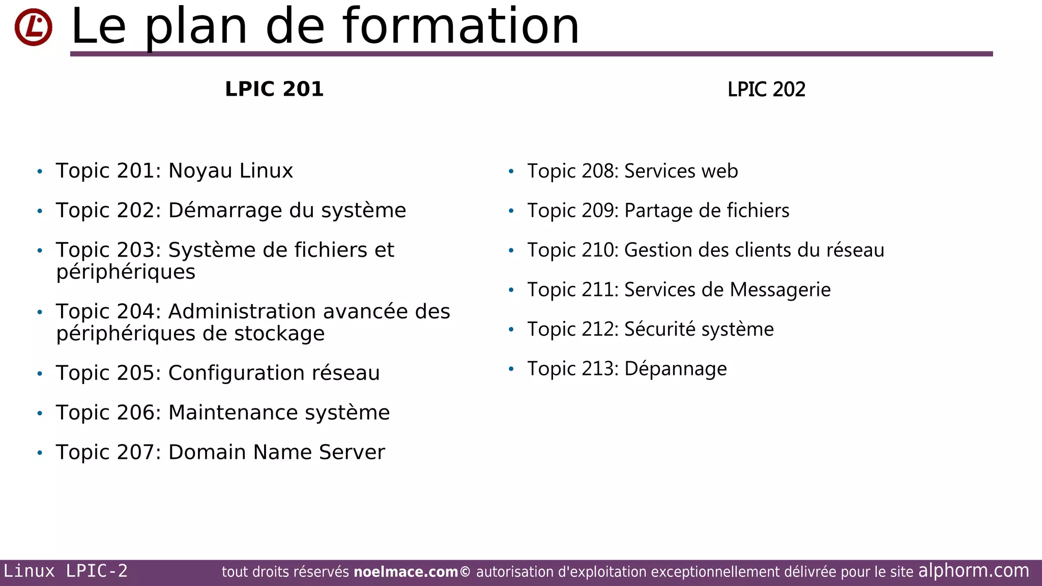 Le plan de formation
LPIC 202

LPIC 201

• Topic 201: Noyau Linux

• Topic 208: Services web

• Topic 202: Démarrage du système

• Topic 209: Partage de fichiers

• Topic 203: Système de fichiers et

• Topic 210: Gestion des clients du réseau

périphériques

• Topic 204: Administration avancée des

périphériques de stockage

• Topic 205: Configuration réseau

• Topic 211: Services de Messagerie
• Topic 212: Sécurité système
• Topic 213: Dépannage

• Topic 206: Maintenance système
• Topic 207: Domain Name Server

Linux LPIC-2

tout droits réservés noelmace.com© autorisation d'exploitation exceptionnellement délivrée pour le site

alphorm.com

 