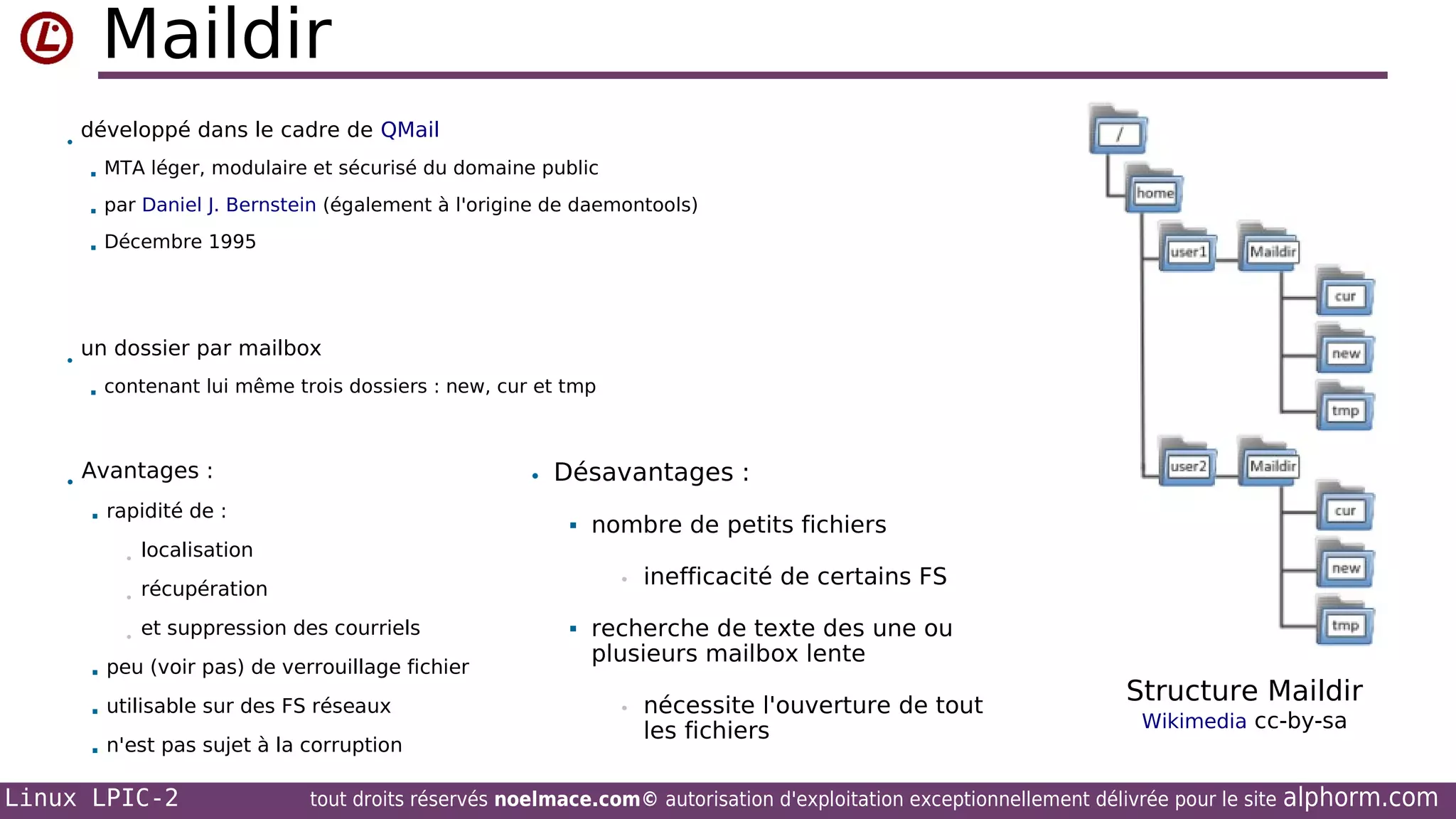 Maildir
•

développé dans le cadre de QMail



par Daniel J. Bernstein (également à l'origine de daemontools)



•

MTA léger, modulaire et sécurisé du domaine public

Décembre 1995

un dossier par mailbox


•

contenant lui même trois dossiers : new, cur et tmp

Avantages :


• Désavantages :

rapidité de :



•

localisation

•

récupération

•

et suppression des courriels

•



peu (voir pas) de verrouillage fichier



utilisable sur des FS réseaux



n'est pas sujet à la corruption

Linux LPIC-2

nombre de petits fichiers



inefficacité de certains FS

recherche de texte des une ou
plusieurs mailbox lente
•

nécessite l'ouverture de tout
les fichiers

Structure Maildir
Wikimedia cc-by-sa

tout droits réservés noelmace.com© autorisation d'exploitation exceptionnellement délivrée pour le site

alphorm.com

 