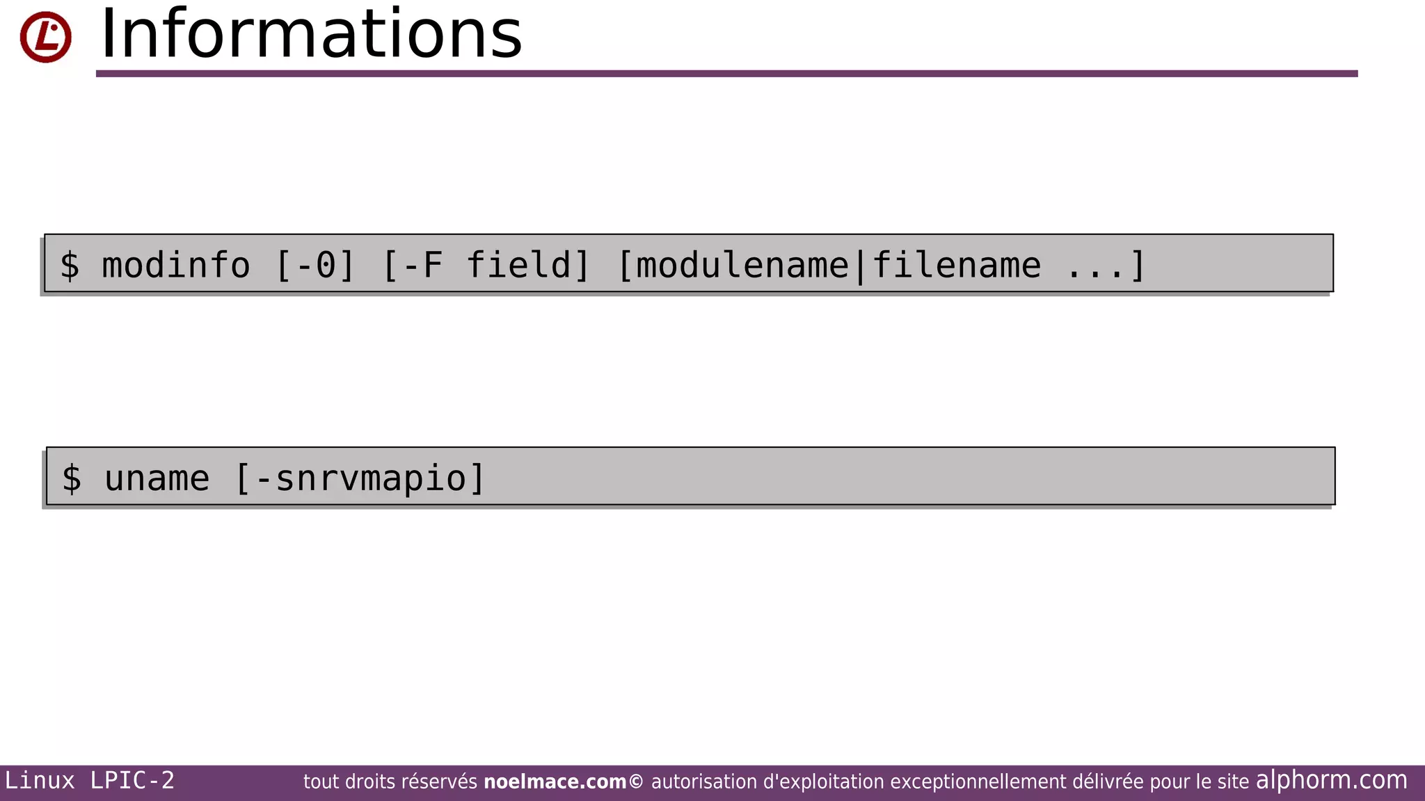 Informations

$ modinfo [-0] [-F field] [modulename|filename ...]
$ modinfo [-0] [-F field] [modulename|filename ...]

$ uname [-snrvmapio]
$ uname [-snrvmapio]

Linux LPIC-2

tout droits réservés noelmace.com© autorisation d'exploitation exceptionnellement délivrée pour le site

alphorm.com

 