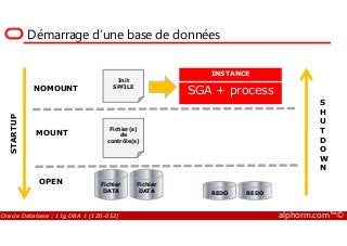 Démarrage d’une base de données
INSTANCE
SGA + processNOMOUNT
Init
SPFILE
STARTUP
S
H
U
Oracle Database : 11g DBA 1 (1Z0-052) alphorm.com™©
MOUNT
OPEN
Fichier(s)
de
contrôle(s)
STARTUP
U
T
D
O
W
N
Fichier
DATA
Fichier
DATA REDO REDO
 