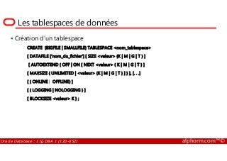 Les tablespaces de données
Création d’un tablespace
CREATE {BIGFILE | SMALLFILE} TABLESPACE <nom_tablespace>
[ DATAFILE [‘nom_du_fichier’] [ SIZE <valeur> {K | M | G | T } ]
[ AUTOEXTEND { OFF | ON [ NEXT <valeur> { K | M | G | T } ]
[ MAXSIZE { UNLIMITED | <valeur> {K | M | G | T } ] } ], [. . .]
[ { ONLINE | OFFLINE} ]
Oracle Database : 11g DBA 1 (1Z0-052) alphorm.com™©
[ { ONLINE | OFFLINE} ]
[ { LOGGING | NOLOGGING } ]
[ BLOCKSIZE <valeur> K } ;
 