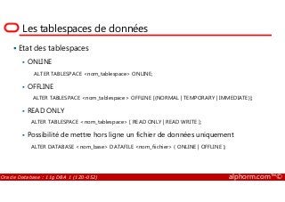 Les tablespaces de données
Etat des tablespaces
ONLINE
ALTER TABLESPACE <nom_tablespace> ONLINE;
OFFLINE
ALTER TABLESPACE <nom_tablespace> OFFLINE [{NORMAL | TEMPORARY | IMMEDIATE}];
Oracle Database : 11g DBA 1 (1Z0-052) alphorm.com™©
ALTER TABLESPACE <nom_tablespace> OFFLINE [{NORMAL | TEMPORARY | IMMEDIATE}];
READ ONLY
ALTER TABLESPACE <nom_tablespace> [ READ ONLY | READ WRITE ];
Possibilité de mettre hors ligne un fichier de données uniquement
ALTER DATABASE <nom_base> DATAFILE <nom_fiichier> { ONLINE | OFFLINE };
 