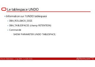 Le tablespace UNDO
Information sur l’UNDO tablespace
DBA_ROLLBACK_SEGS
DBA_TABLESPACES (champ RETENTION)
Commande
• SHOW PARAMETER UNDO TABLESPACE;
Oracle Database : 11g DBA 1 (1Z0-052) alphorm.com™©
• SHOW PARAMETER UNDO TABLESPACE;
 