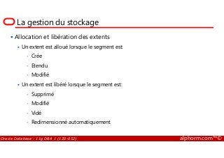 La gestion du stockage
Allocation et libération des extents
Un extent est alloué lorsque le segment est:
Crée
Etendu
Modifié
Oracle Database : 11g DBA 1 (1Z0-052) alphorm.com™©
Un extent est libéré lorsque le segment est:
Supprimé
Modifié
Vidé
Redimensionné automatiquement
 