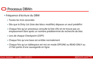 Processus DBWn
Fréquence d’écriture du DBW
Toutes les trois secondes
Dès que la Dirty List (liste des blocs modifiés) dépasse un seuil prédéfini
Chaque fois qu’un processus consulte la liste LRU et ne trouve pas un
emplacement libre après un nombre prédéterminé de recherche de bloc
Oracle Database : 11g DBA 1 (1Z0-052) alphorm.com™©
emplacement libre après un nombre prédéterminé de recherche de bloc
Lors de chaque Checkpoint (CKPT)
Chaque fois qu’une base est arrêtée normalement
Chaque fois qu’un tablespace est mis en mode OFFLINE ou READ ONLY ou
s’il fait partie d’une sauvegarde en ligne
 