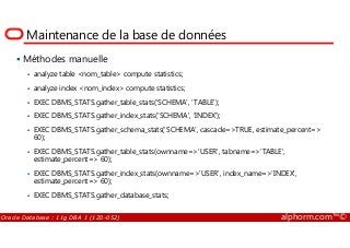 Maintenance de la base de données
Méthodes manuelle
analyze table <nom_table> compute statistics;
analyze index <nom_index> compute statistics;
EXEC DBMS_STATS.gather_table_stats(‘SCHEMA', 'TABLE');
EXEC DBMS_STATS.gather_index_stats(‘SCHEMA', ‘INDEX');
Oracle Database : 11g DBA 1 (1Z0-052) alphorm.com™©
EXEC DBMS_STATS.gather_schema_stats(‘SCHEMA', cascade=>TRUE, estimate_percent=>
60);
EXEC DBMS_STATS.gather_table_stats(ownname=>'USER', tabname=>‘TABLE',
estimate_percent=> 60);
EXEC DBMS_STATS.gather_index_stats(ownname=>'USER', index_name=>‘INDEX',
estimate_percent=> 60);
EXEC DBMS_STATS.gather_database_stats;
 
