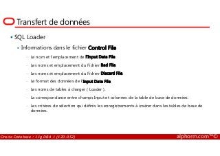 Transfert de données
SQL Loader
Informations dans le fichier Control File
• Le nom et l'emplacement de l'Input Data File.
• Les noms et emplacement du Fichier Bad File.
• Les noms et emplacement du Fichier Discard File.
Oracle Database : 11g DBA 1 (1Z0-052) alphorm.com™©
• Le format des données de l'Input Data File.
• Les noms de tables à charger ( Loader ).
• La correspondance entre champs Input et colonnes de la table de base de données.
• Les critères de sélection qui définis les enregistrements à insérer dans les tables de base de
données.
 