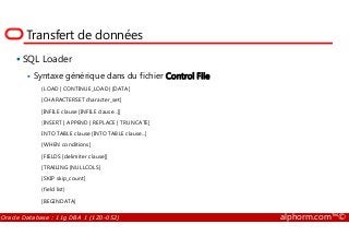 Transfert de données
SQL Loader
Syntaxe générique dans du fichier Control File
{LOAD | CONTINUE_LOAD} [DATA]
[CHARACTERSET character_set]
[INFILE clause [INFILE clause...]]
[INSERT | APPEND | REPLACE | TRUNCATE]
Oracle Database : 11g DBA 1 (1Z0-052) alphorm.com™©
[INSERT | APPEND | REPLACE | TRUNCATE]
INTO TABLE clause [INTO TABLE clause...]
[WHEN conditions]
[FIELDS [delimiter clause]]
[TRAILING [NULLCOLS]
[SKIP skip_count]
(field list)
[BEGINDATA]
 
