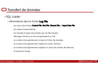 Transfert de données
SQL Loader
Informations dans le fichier Log File
• Les noms des fichiers Control File, Bad File, Discard File et Input Data File.
• Les valeurs de paramètres.
• Les champs et types de données qui ont été chargés.
Oracle Database : 11g DBA 1 (1Z0-052) alphorm.com™©
• Messages d'erreurs sur les enregistrement en Fail.
• Le nombre d'enregistrements lu dans le fichier de données.
• Le nombre d'enregistrements rejetée en raison d'erreurs.
• Le nombre d'enregistrements rejetées en raison de critères de sélection.
• Le temps de charge.
 