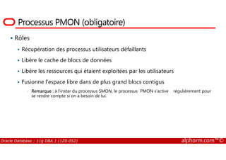 Processus PMON (obligatoire)
Rôles
Récupération des processus utilisateurs défaillants
Libère le cache de blocs de données
Libère les ressources qui étaient exploitées par les utilisateurs
Fusionne l’espace libre dans de plus grand blocs contigus
Oracle Database : 11g DBA 1 (1Z0-052) alphorm.com™©
Fusionne l’espace libre dans de plus grand blocs contigus
• Remarque : à l’instar du processus SMON, le processus PMON s’active régulièrement pour
se rendre compte si on a besoin de lui.
 