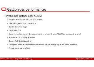 Gestion des performances
Problèmes détectés par ADDM
Goulots d'étranglement au niveau de l'UC
Mauvaise gestion des connexions
Conflit de verrouillage
Capacité d'E/S
Sous-dimensionnement des structures de mémoire Oracle (PGA, SGA, tampon du journal)
Oracle Database : 11g DBA 1 (1Z0-052) alphorm.com™©
Sous-dimensionnement des structures de mémoire Oracle (PGA, SGA, tampon du journal)
Instructions SQL à charge élevée
Temps PL/SQL et Java élevé
Charge de point de vérification élevée et cause, par exemple, petits fichiers journaux
Problèmes propres à RAC
 
