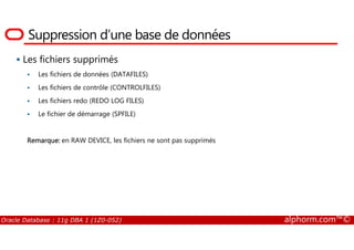 Suppression d’une base de données
Les fichiers supprimés
Les fichiers de données (DATAFILES)
Les fichiers de contrôle (CONTROLFILES)
Les fichiers redo (REDO LOG FILES)
Le fichier de démarrage (SPFILE)
Oracle Database : 11g DBA 1 (1Z0-052) alphorm.com™©
Remarque: en RAW DEVICE, les fichiers ne sont pas supprimés
 