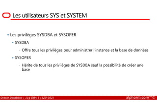 Les utilisateurs SYS et SYSTEM
Les privilèges SYSDBA et SYSOPER
SYSDBA
• Offre tous les privilèges pour administrer l’instance et la base de données
SYSOPER
Oracle Database : 11g DBA 1 (1Z0-052) alphorm.com™©
SYSOPER
• Hérite de tous les privilèges de SYSDBA sauf la possibilité de créer une
base
 