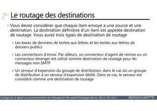 Le routage des destinations 
• Vous devez considérer que chaque item envoyé a une source et une 
destination. La destination définitive d’un item est appelée destination 
de routage. Vous aurez trois types de destination de routage 
 Les bases de données de boites aux lettres et les boites aux lettres de 
dossiers publics 
 Les connecteurs d’envoi. Par ailleurs, un connecteur d’agent de remise ou un 
connecteur étranger est utilisé comme destination de routage pour les 
messages non SMTP 
 Un serveur d’expansion du groupe de distribution, dans le cas où un groupe 
de distribution à un serveur d’expansion dédié. Dans ce cas, le serveur est 
considéré comme une destination de routage 
Configurer et gérer un environnement de messagerie Microsoft Exchange Server 2013 (70-341) alphorm.com™© 
 