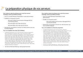 La préparation physique de vos serveurs 
Pour mettre en place les prérequis pour votre futur serveur 
Exchange, suivez la procédure suivante : 
• Ouvrir la console Windows PowerShell en mode administrateur 
• Installer les composants suivants : 
• Microsoft Unified Communications Managed API 4.0, 
Core Runtime 64 bits 
• Microsoft Office 2010 Filter Pack 64 bit 
• Microsoft Office 2010 Filter Pack SP1 64 bit 
• Exécutez les commandes en fonction du rôle de serveur que vous 
souhaitez déployer. 
Pour mettre en place les prérequis pour votre futur serveur 
Exchange, suivez la procédure suivante : 
• Ouvrir la console Windows PowerShell en mode 
administrateur 
• Installer le composant suivant : 
• Microsoft Unified Communications Managed API 4.0, 
Core Runtime 64 bits 
• Exécutez les commandes en fonction du rôle de serveur que 
vous souhaitez déployer. 
Pour une installation du rôle CAS uniquement : 
Install-WindowsFeature AS-HTTP-Activation, Desktop- 
Pour une installation des rôles CAS et Mailbox : 
• Install-WindowsFeature AS-HTTP-Activation, Desktop-Experience, 
NET-Framework-45-Features, RPC-over-HTTP-proxy, RSAT-Clustering, 
RSAT-Clustering-CmdInterface, RSAT-Clustering-Mgmt, 
RSAT-Clustering-PowerShell, Web-Mgmt-Console, WAS-Process- 
Model, Web-Asp-Net45, Web-Basic-Auth, Web-Client-Auth, Web- 
Digest-Auth, Web-Dir-Browsing, Web-Dyn-Compression, Web- 
Http-Errors, Web-Http-Logging, Web-Http-Redirect, Web-Http- 
Tracing, Web-ISAPI-Ext, Web-ISAPI-Filter, Web-Lgcy-Mgmt- 
Console, Web-Metabase, Web-Mgmt-Console, Web-Mgmt-Service, 
Web-Net-Ext45, Web-Request-Monitor, Web-Server, Web-Stat- 
Compression, Web-Static-Content, Web-Windows-Auth, Web-WMI, 
Windows-Identity-Foundation 
• Set-Service NetTcpPortSharing -StartupType Automatic 
• Experience, NET-Framework-45-Features, RPC-over-HTTP-proxy, 
RSAT-Clustering, RSAT-Clustering-CmdInterface, RSAT-Clustering- 
Mgmt, RSAT-Clustering-PowerShell, Web-Mgmt- 
Console, WAS-Process-Model, Web-Asp-Net45, Web-Basic- 
Auth, Web-Client-Auth, Web-Digest-Auth, Web-Dir-Browsing, 
Web-Dyn-Compression, Web-Http-Errors, Web-Http-Logging, 
Web-Http-Redirect, Web-Http-Tracing, Web-ISAPI-Ext, Web- 
ISAPI-Filter, Web-Lgcy-Mgmt-Console, Web-Metabase, Web- 
Mgmt-Console, Web-Mgmt-Service, Web-Net-Ext45, Web- 
Request-Monitor, Web-Server, Web-Stat-Compression, Web- 
Static-Content, Web-Windows-Auth, Web-WMI, Windows- 
Identity-Foundation 
• Set-Service NetTcpPortSharing -StartupType Automatic 
Configurer et gérer un environnement de messagerie Microsoft Exchange Server 2013 (70-341) alphorm.com™© 
 