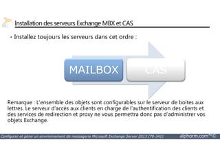 Installation des serveurs Exchange MBX et CAS 
• Installez toujours les serveurs dans cet ordre : 
MAILBOX CAS 
Remarque : L’ensemble des objets sont configurables sur le serveur de boites aux 
lettres. Le serveur d’accès aux clients en charge de l’authentification des clients et 
des services de redirection et proxy ne vous permettra donc pas d’administrer vos 
objets Exchange. 
Configurer et gérer un environnement de messagerie Microsoft Exchange Server 2013 (70-341) alphorm.com™© 
 