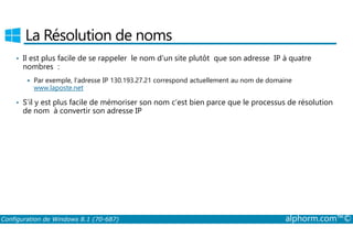La Résolution de noms 
• Il est plus facile de se rappeler le nom d’un site plutôt que son adresse IP à quatre 
nombres : 
 Par exemple, l’adresse IP 130.193.27.21 correspond actuellement au nom de domaine 
www.laposte.net 
• S’il y est plus facile de mémoriser son nom c’est bien parce que le processus de résolution 
de nom à convertir son adresse IP 
Configuration de Windows 8.1 (70-687) alphorm.com™© 
 