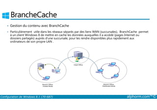 BrancheCache 
• Gestion du contenu avec BranchCache 
• Particulièrement utile dans les réseaux séparés par des liens WAN (succursales), BranchCache permet 
à un client Windows 8 de mettre en cache les données auxquelles il a accédé (pages Internet ou 
dossiers partagés) auprès d’une succursale, pour les rendre disponibles plus rapidement aux 
ordinateurs de son propre LAN . 
Configuration de Windows 8.1 (70-687) alphorm.com™© 
 