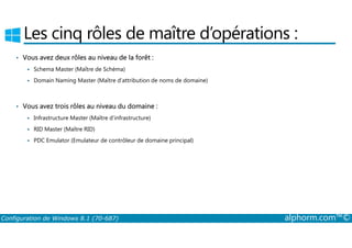 Les cinq rôles de maître d’opérations : 
• Vous avez deux rôles au niveau de la forêt : 
 Schema Master (Maître de Schéma) 
 Domain Naming Master (Maître d’attribution de noms de domaine) 
• Vous avez trois rôles au niveau du domaine : 
 Infrastructure Master (Maître d’infrastructure) 
 RID Master (Maître RID) 
 PDC Emulator (Emulateur de contrôleur de domaine principal) 
Configuration de Windows 8.1 (70-687) alphorm.com™© 
 