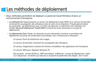Les méthodes de déploiement 
• Deux méthodes permettent de déployer un poste de travail Windows 8 dans un 
environnement d’entreprise : 
 La méthode Lite­Touch 
nécessite un serveur de déploiement (type WDS) et un serveur de données 
contenant les sauvegardes des utilisateurs dans le cadre d’une migration. Il faudra personnaliser 
les paramètres de déploiement avec un fichier de réponses. L’intervention de l’utilisateur est 
limitée. Microsoft Deployment Toolkit (MDT) contient les outils nécessaires à ce type de 
déploiement. 
 Un déploiement Zero­Touch 
ne nécessite aucune intervention humaine, la procédure de 
déploiement du poste est entièrement automatisée. Voici l’infrastructure nécessaire : 
• Un serveur Point de distribution des images. 
• Un serveur de données contenant les sauvegardes des utilisateurs. 
• Un serveur d’applications stockant les fichiers d’installation des applications de l’entreprise. 
• Un serveur WDS pour déployer Windows PE. 
• Des produits comme SCCM ou MDT permettent d’effectuer ce type de déploiement grâce 
à un séquenceur de tâches qui exécute un assistant de génération des étapes Zero­Touch. 
Configuration de Windows 8.1 (70-687) alphorm.com™© 
 