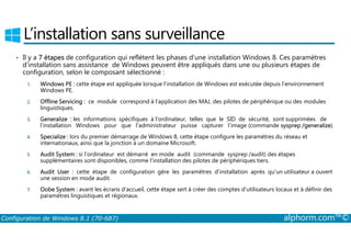 L’installation sans surveillance 
• Il y a 7 étapes de configuration qui reflètent les phases d’une installation Windows 8. Ces paramètres 
d’installation sans assistance de Windows peuvent être appliqués dans une ou plusieurs étapes de 
configuration, selon le composant sélectionné : 
1. Windows PE : cette étape est appliquée lorsque l’installation de Windows est exécutée depuis l’environnement 
Windows PE. 
2. Offline Servicing : ce module correspond à l’application des MAJ, des pilotes de périphérique ou des modules 
linguistiques. 
3. Generalize : les informations spécifiques à l’ordinateur, telles que le SID de sécurité, sont supprimées de 
l’installation Windows pour que l’administrateur puisse capturer l’image (commande sysprep /generalize). 
4. Specialize : lors du premier démarrage de Windows 8, cette étape configure les paramètres du réseau et 
internationaux, ainsi que la jonction à un domaine Microsoft. 
5. Audit System : si l’ordinateur est démarré en mode audit (commande sysprep /audit) des étapes 
supplémentaires sont disponibles, comme l’installation des pilotes de périphériques tiers. 
6. Audit User : cette étape de configuration gère les paramètres d’installation après qu’un utilisateur a ouvert 
une session en mode audit. 
7. Oobe System : avant les écrans d’accueil, cette étape sert à créer des comptes d’utilisateurs locaux et à définir des 
paramètres linguistiques et régionaux. 
Configuration de Windows 8.1 (70-687) alphorm.com™© 
 