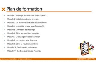 Plan de formation 
• Module 1 Concept, architecture, KVM, OpenVZ 
• Module 2 Installation et prise en main 
• Module 3 Les machines virtuelles sous Proxmox 
• Module 4 Le modèle réseau sous ProxmoxVe 
• Module 5 Le modèle de stockage 
• Module 6 Gérer les machines virtuelles 
• Module 7 La sauvegarde et restauration 
• Module 8 Les clusters avec Proxmox 
• Module 9 Gérer la Haute disponibilité 
• Module 10 Gestions des utilisateurs 
• Module 11 Gestion avancés de Proxmox 
proxmox, installation et administration alphorm.com™© 
 