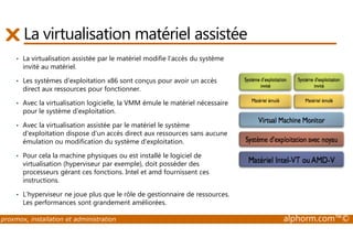 La virtualisation matériel assistée 
• La virtualisation assistée par le matériel modifie l'accès du système 
invité au matériel. 
• Les systèmes d'exploitation x86 sont conçus pour avoir un accès 
direct aux ressources pour fonctionner. 
• Avec la virtualisation logicielle, la VMM émule le matériel nécessaire 
pour le système d'exploitation. 
• Avec la virtualisation assistée par le matériel le système 
d'exploitation dispose d'un accès direct aux ressources sans aucune 
émulation ou modification du système d'exploitation. 
• Pour cela la machine physiques ou est installé le logiciel de 
virtualisation (hyperviseur par exemple), doit posséder des 
processeurs gérant ces fonctions. Intel et amd fournissent ces 
instructions. 
• L’hyperviseur ne joue plus que le rôle de gestionnaire de ressources. 
Les performances sont grandement améliorées. 
proxmox, installation et administration alphorm.com™© 
 