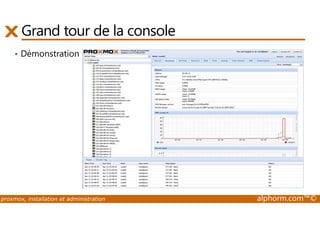 Grand tour de la console 
• Démonstration 
proxmox, installation et administration alphorm.com™© 
 