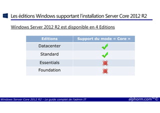 Windows Server Core 2012 R2 - Le guide complet de l'admin IT alphorm.com™©
Les éditions Windows supportant l’installation Server Core 2012 R2
Windows Server 2012 R2 est disponible en 4 Editions
Editions Support du mode « Core »
Datacenter
Standard
Essentials
Foundation
 
