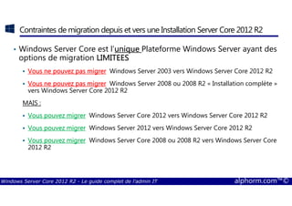 Windows Server Core 2012 R2 - Le guide complet de l'admin IT alphorm.com™©
Contraintes de migration depuis et vers une Installation Server Core 2012 R2
• Windows Server Core est l’uniqueuniqueuniqueunique Plateforme Windows Server ayant des
options de migration LIMITEESLIMITEESLIMITEESLIMITEES
Vous ne pouvez pasVous ne pouvez pasVous ne pouvez pasVous ne pouvez pas migrermigrermigrermigrer Windows Server 2003 vers Windows Server Core 2012 R2
VousVousVousVous ne pouvez pasne pouvez pasne pouvez pasne pouvez pas migrermigrermigrermigrer Windows Server 2008 ou 2008 R2 « Installation complète »
vers Windows Server Core 2012 R2
MAIS :
Vous pouvez migrerVous pouvez migrerVous pouvez migrerVous pouvez migrer Windows Server Core 2012 vers Windows Server Core 2012 R2
Vous pouvez migrerVous pouvez migrerVous pouvez migrerVous pouvez migrer Windows Server 2012 vers Windows Server Core 2012 R2
Vous pouvez migrerVous pouvez migrerVous pouvez migrerVous pouvez migrer Windows Server Core 2008 ou 2008 R2 vers Windows Server Core
2012 R2
 