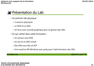 Présentation du Lab
• Un premier lab physique :
3 serveurs physiques
un SAN et un NAS
Un linux avec console graphique pour la gestion des VMs
• Ce qui utilisé dans cette formation :
Formation Xen alphorm.com™©
• Ce qui utilisé dans cette formation :
Un serveur sous ESXI
Un san et un NAS virtuel
Des VMs sous Xen et XCP
Une machine MS Windows avec putty pour l’administration des VMs
 