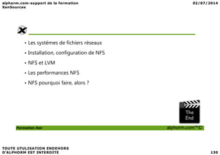 • Les systèmes de fichiers réseaux
• Installation, configuration de NFS
• NFS et LVM
• Les performances NFS
Formation Xen alphorm.com™©
• NFS pourquoi faire, alors ?
 