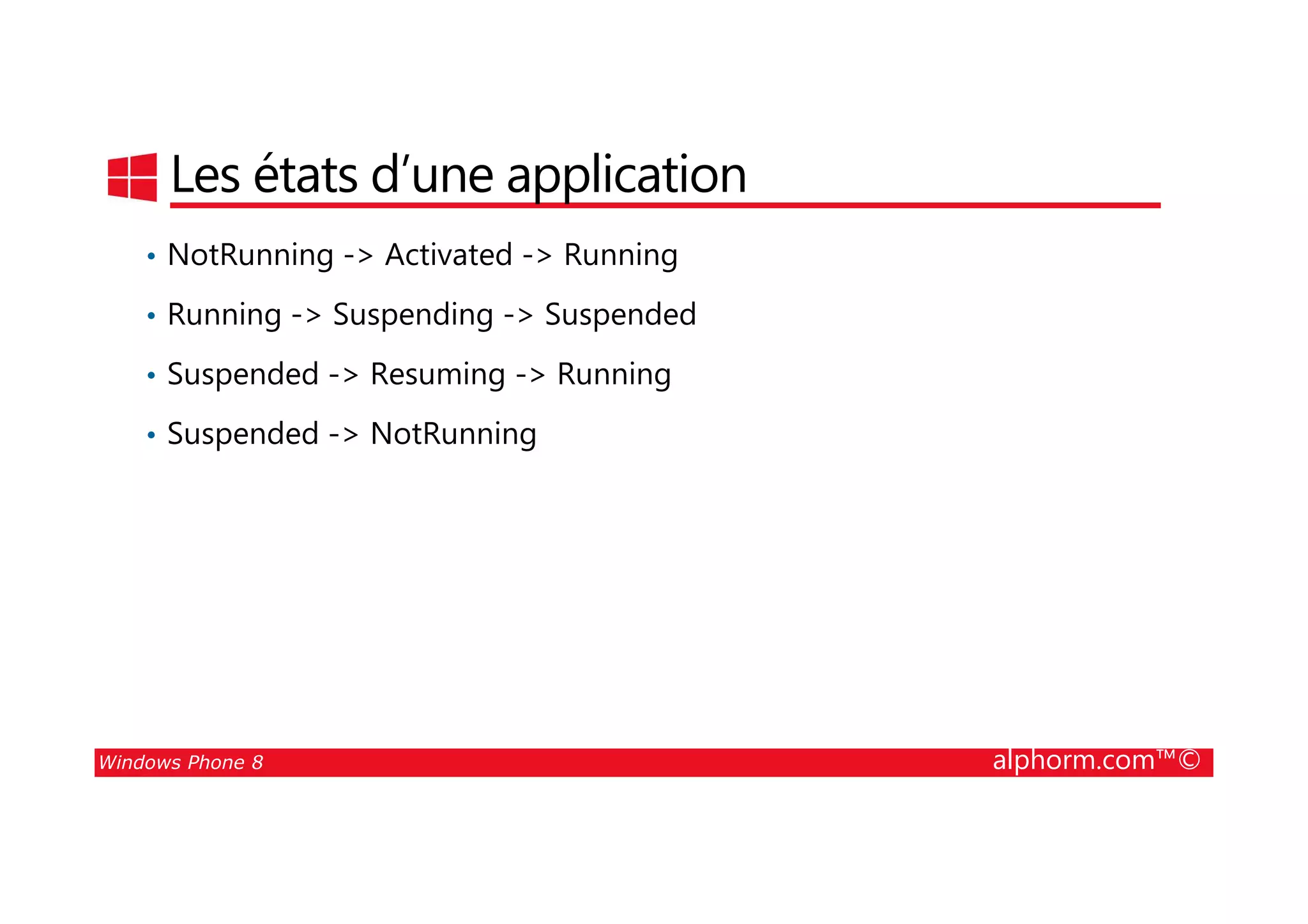 25/08/2014
126
Les états d’une application
• NotRunning -> Activated -> Running
• Running -> Suspending -> Suspended
• Suspended -> Resuming -> Running
• Suspended -> NotRunning
Windows Phone 8 alphorm.com™©
 