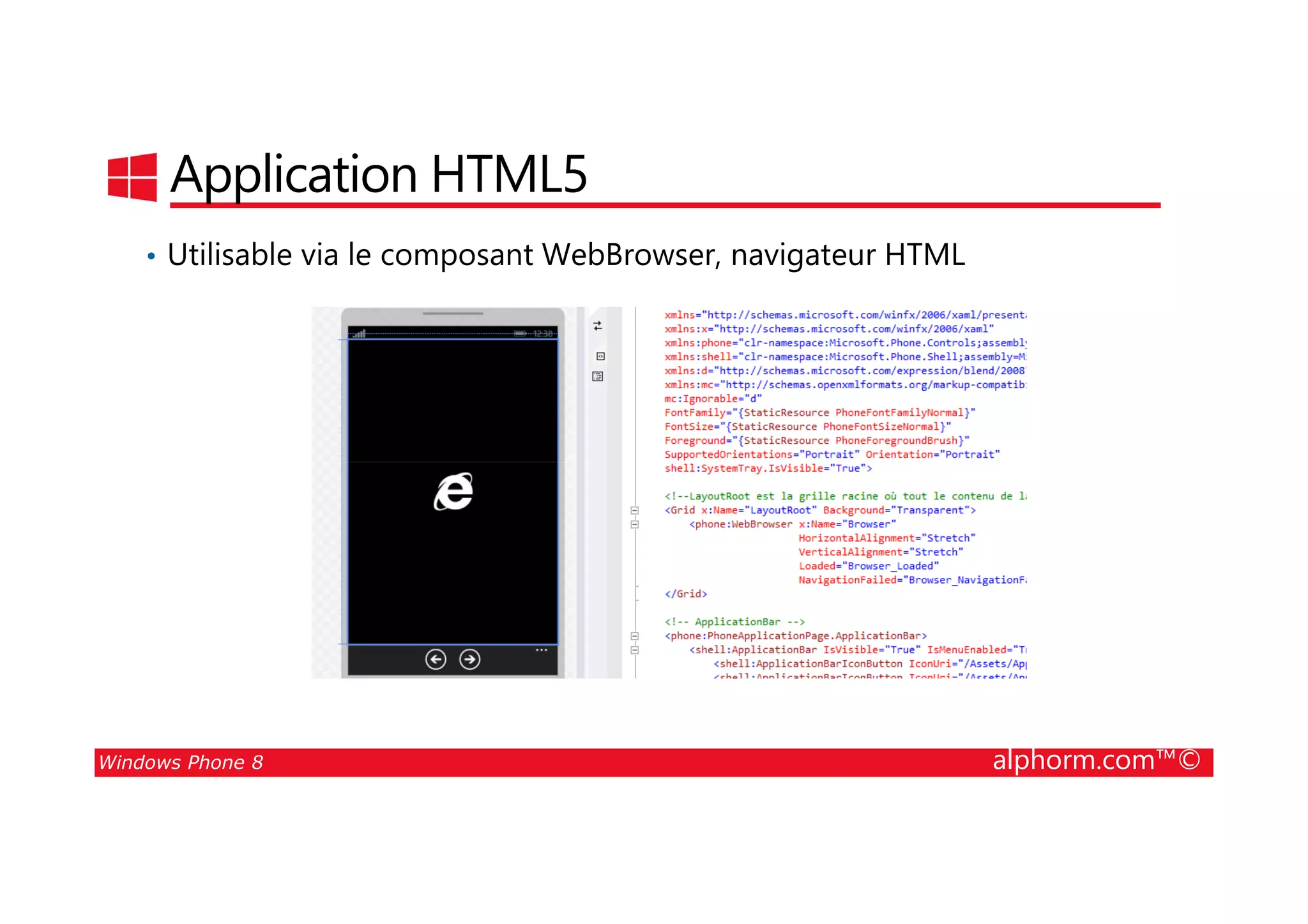 25/08/2014
27
Application HTML5
• Utilisable via le composant WebBrowser, navigateur HTML
Windows Phone 8 alphorm.com™©
 