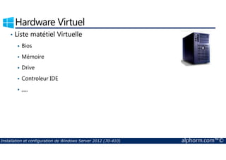 Hardware Virtuel 
• Liste matétiel Virtuelle 
 Bios 
 Mémoire 
 Drive 
 Controleur IDE 
 ,,,,, 
Installation et configuration de Windows Server 2012 (70-410) alphorm.com™© 
 
