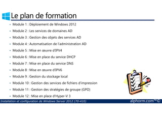 Le plan de formation 
• Module 1 : Déploiement de Windows 2012 
• Module 2 : Les services de domaines AD 
• Module 3 : Gestion des objets des services AD 
• Module 4 : Automatisation de l’administration AD 
• Module 5 : Mise en oeuvre d’IPV4 
• Module 6 : Mise en place du service DHCP 
• Module 7 : Mise en place du service DNS 
• Module 8 : Mise en oeuvre d’IPV6 
• Module 9 : Gestion du stockage local 
• Module 10 : Gestion des services de fichiers d’impression 
• Module 11 : Gestion des stratégies de groupe (GPO) 
• Module 12 : Mise en place d’Hyper-V 3 
Installation et configuration de Windows Server 2012 (70-410) alphorm.com™© 
 
