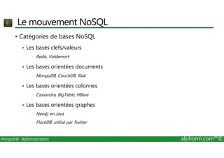 Le mouvement NoSQL 
 Catégories de bases NoSQL 
 Les bases clefs/valeurs 
• Redis, Voldemort 
 Les bases orientées documents 
• MongoDB, CouchDB, Riak 
 Les bases orientées colonnes 
• Cassandra, BigTable, HBase 
 Les bases orientées graphes 
• Neo4j: en Java 
• FlockDB: utilisé par Twitter 
MongoDB: Administration alphorm.com™© 
 